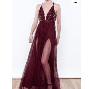 Luxxel SZ L Wine Tulle Sequin Bust Formal Gown Prom Black Tie Bridesmaid Sexy